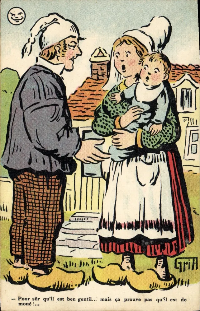 Escena de aldea — hombre y mujer con niño — Grin - Anverso