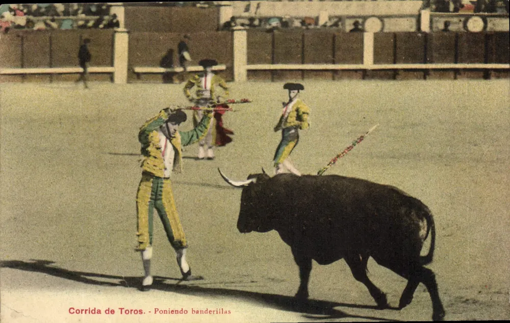 Kampf mit dem Stier — Banderillas setzen — Eug. Pachault, Verlag Blainville - Vorderseite