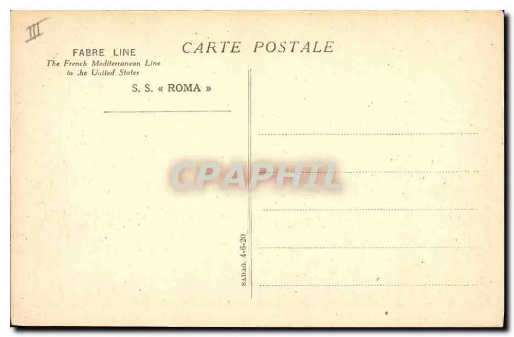 S.S. « ROMA » — Fabre 항로의 선박 — 출판사 Fabre Line - 뒷면