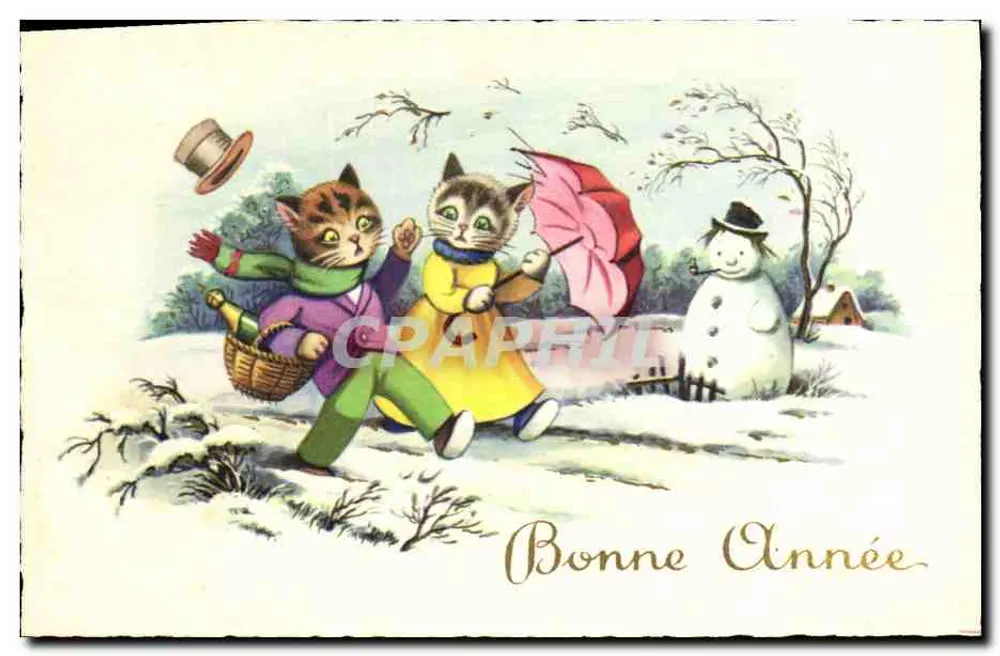 Zwei Katzen in der Schnee — Frohe Weihnachten — anonymer Verlag - Vorderseite