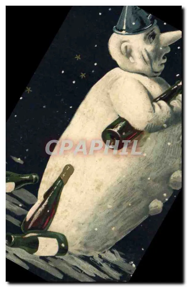 Schneemann mit Sektflaschen — Verlag Masser & Buchleitner, Serie 1895 — Zeichnung von Wintermann - Vorderseite