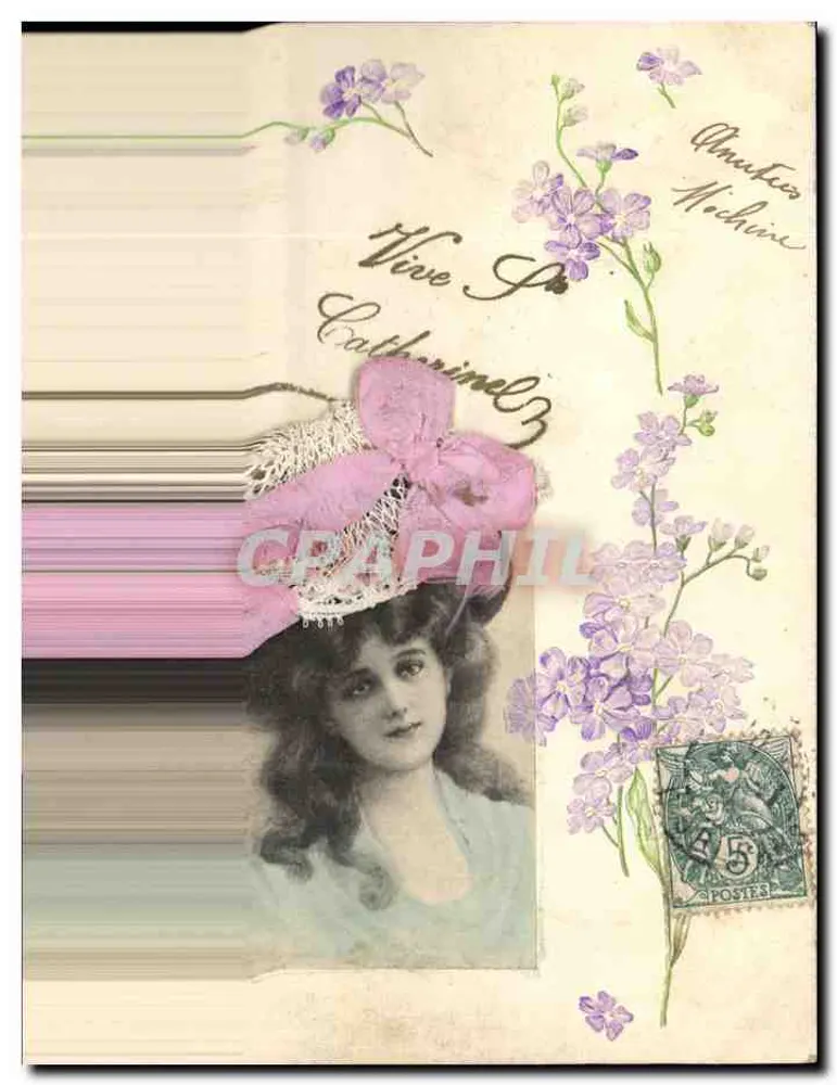 Frau mit rosa Hut — dekorierte Ansichtskarte mit violett-blühenden Blumen — Verleger Amateurs Machine, Nr. 3 - Vorderseite