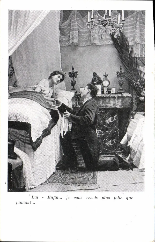 Romantische Szene — Mann knieend vor einer Frau im Bett — Verlag nicht sichtbar - Vorderseite