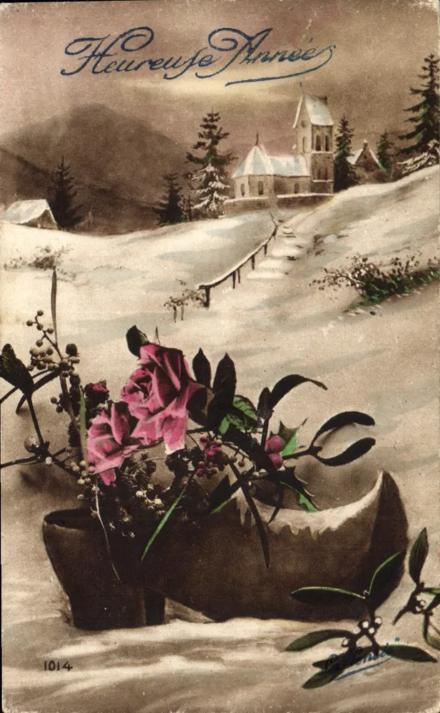Besneeuwd kasteel — ansichtkaart met rozen en wijnstok — uitgever 'CARTES POSTALES - POST CARD' n°1014 - Voorkant