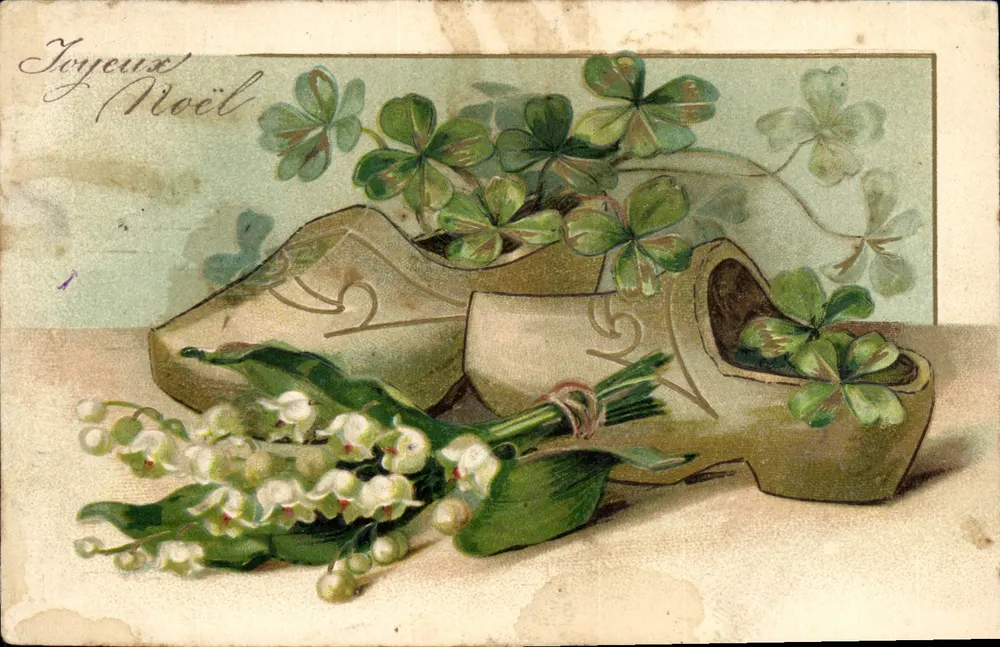 Calçados de Natal — folhas de trêfola e flores de muguet — editor desconhecido, série 6162 - Frente