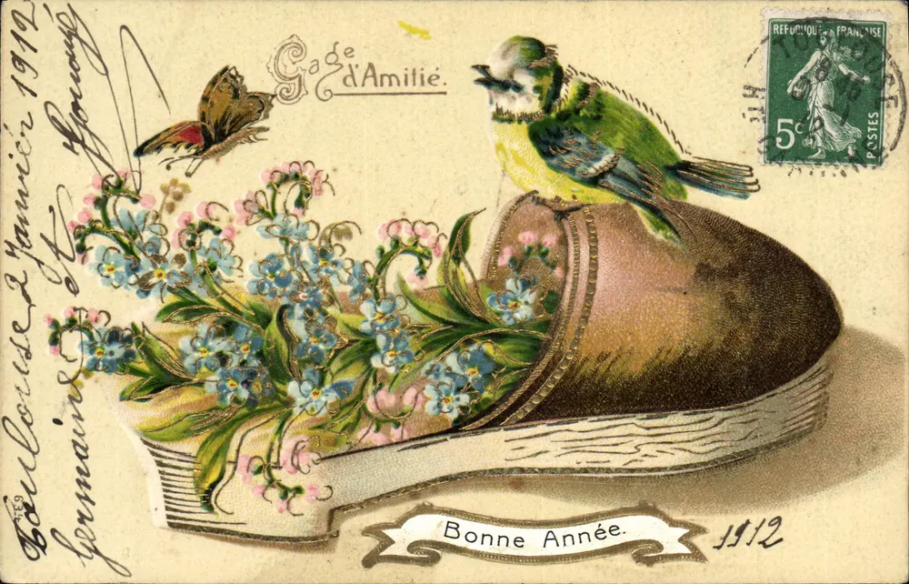 Ave e flores em um calçado — Gage d'Amitié — Boa Ano 1912 — Editor não visível - Frente