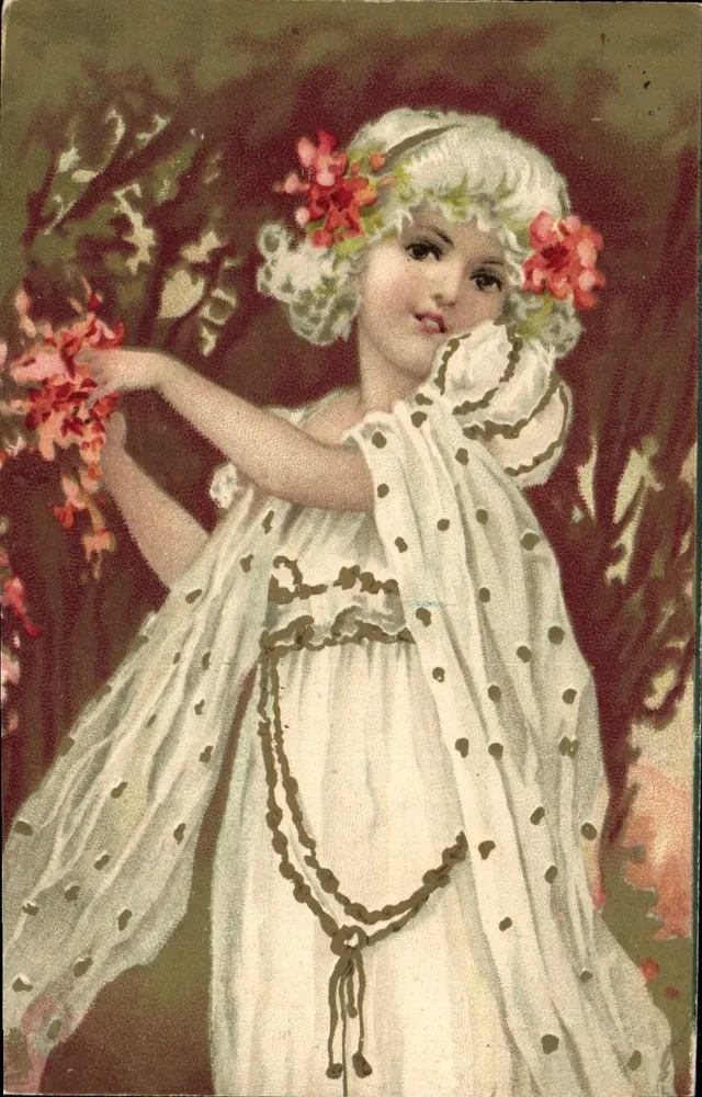 Mädchen in einem weißen Kleid mit Blumenverzierung — Verlag Raphael Tuck & Sons, Serie 'ART' n°1756 - Vorderseite