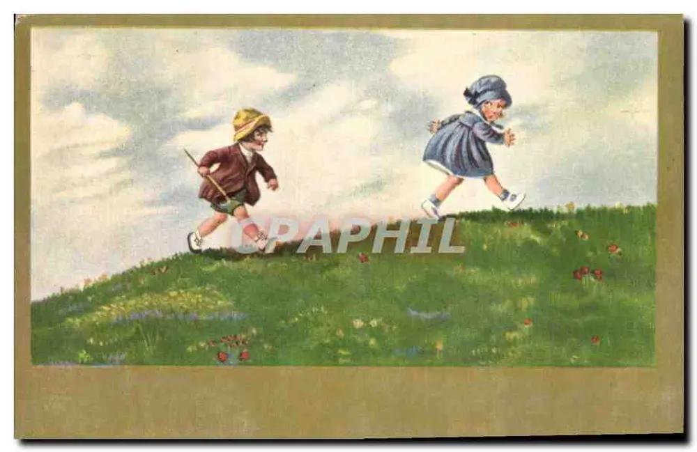 Kinder, die auf einem blühenden Hügel rennen — Verlag S. Collection, n° 75 07 - Vorderseite