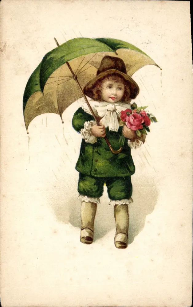 Kind in grünem Kostüm in der Regen — mit grünem Schirm und Rosenstrauß — Verlag T- Pascophile - Vorderseite