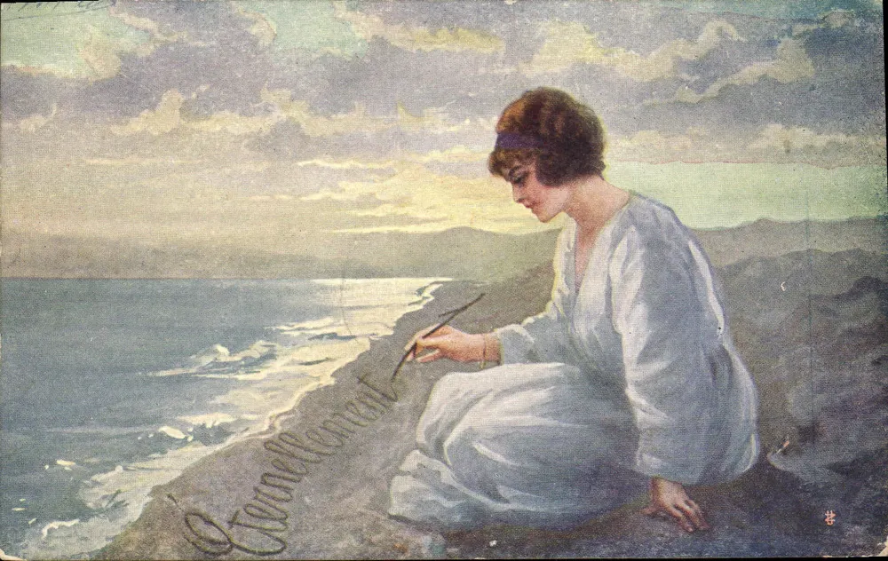 Frau, die 'Ewig' am Strand schreibt — Verlag T.A.M. Nr. 7002 - Vorderseite
