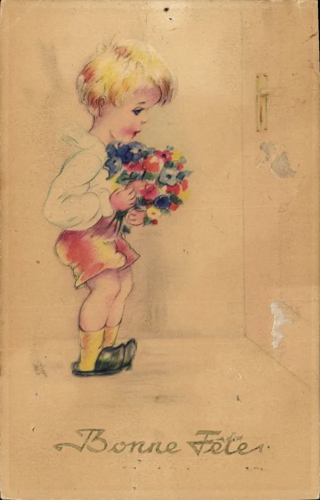 Enfant avec bouquet — scène intérieure — éditeur non visible - Recto