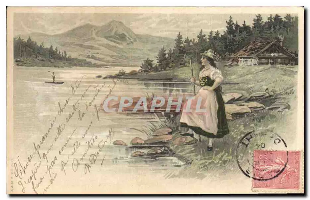 Frau im traditionellen Kleid nahe einem See — alpine Landschaft mit Hütte — Verleger A.&M.-B. N° 201 - Vorderseite