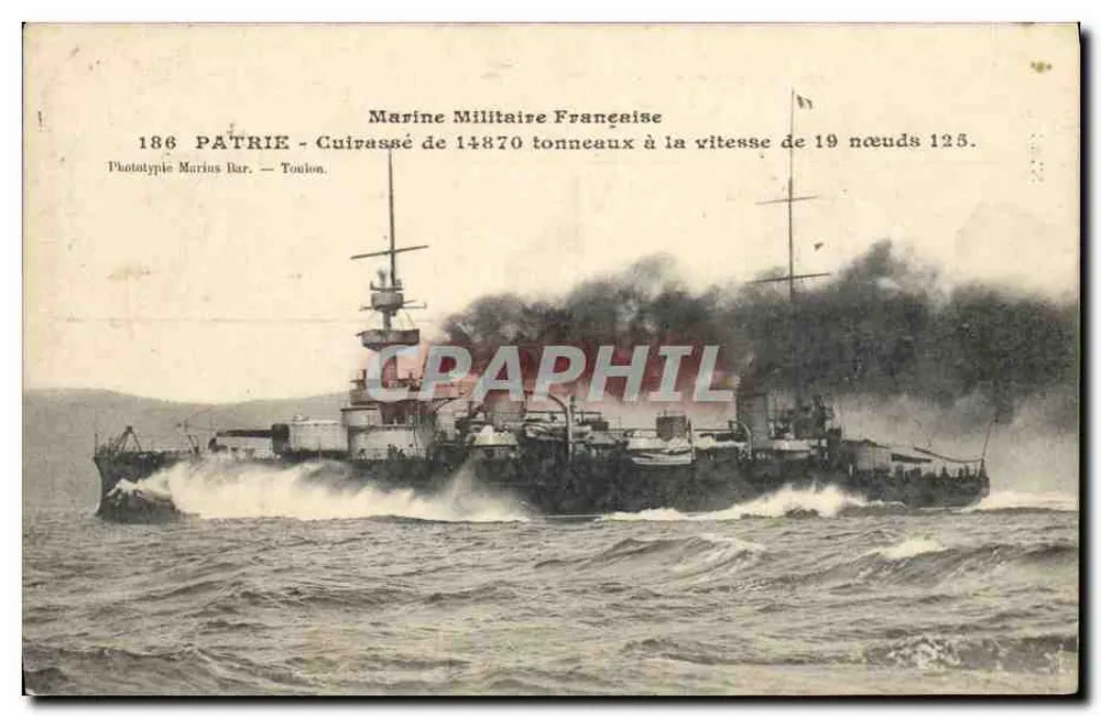 Navio de Guerra Patrie — Marinha Militar Francesa — Fototipia Marius Bar, Toulon - Frente