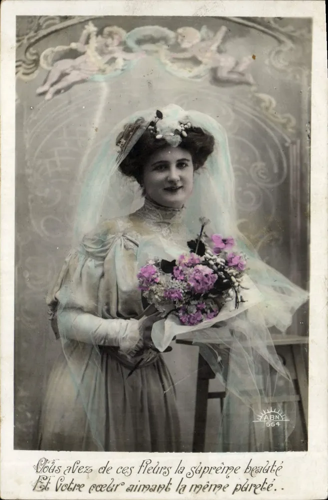Junge Frau in Hochzeitskleid — mit Blumenstrauß — ABN 564 - Vorderseite