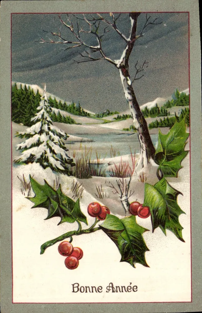 Winterlandschaft — nackter Baum und schneebedeckter Tannenbaum — in Deutschland gedruckt - Vorderseite