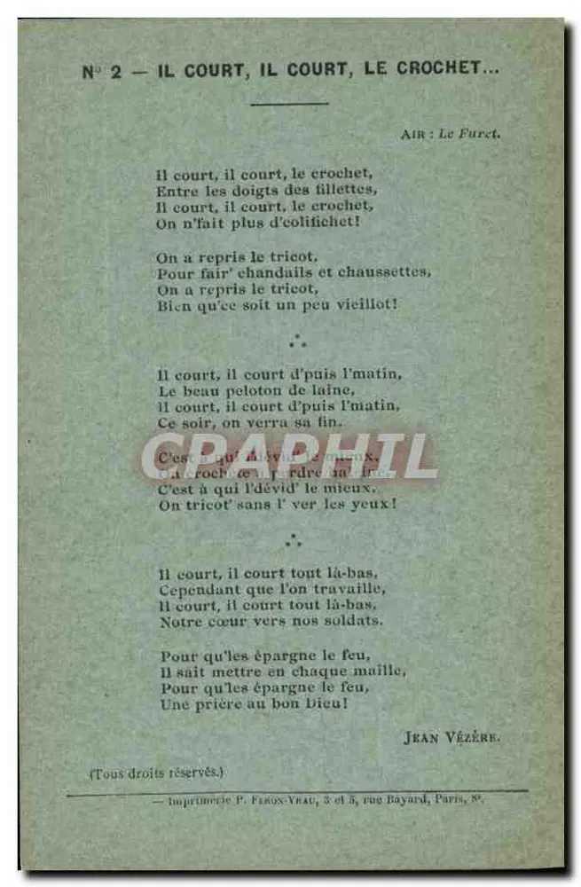 Il court, il court, le crochet... — Lied von Jean Vézère — gedruckt von P. Feron-Vrau, Paris - Vorderseite