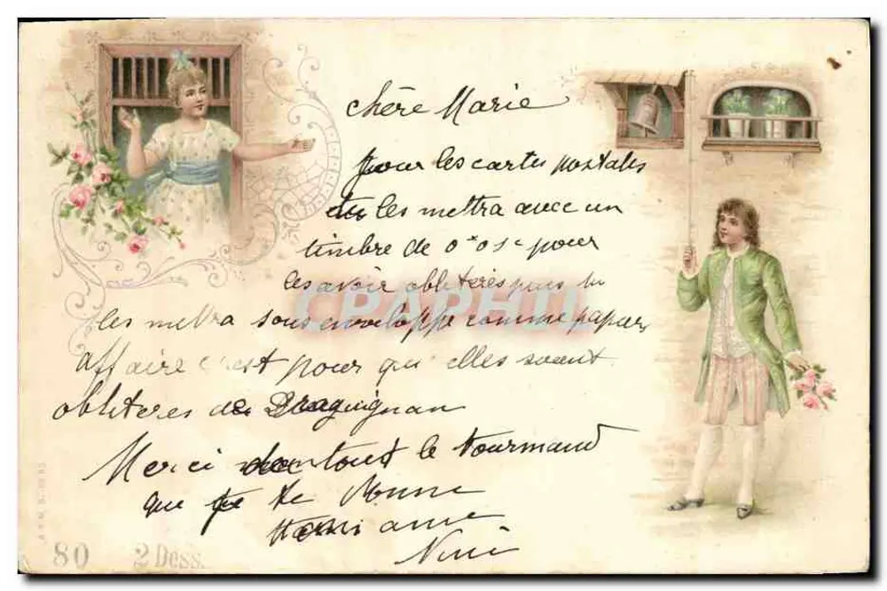 Junge Frau am Fenster — junger Mann mit Blumenstrauß — Verlag A.EM. n°80 - Vorderseite