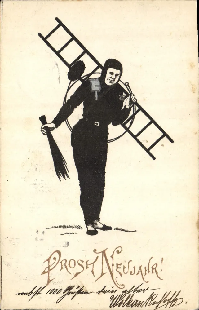 Soldato con scala e scopa — Prost! Neujahr! — Wilhelm Raffelt - Recto