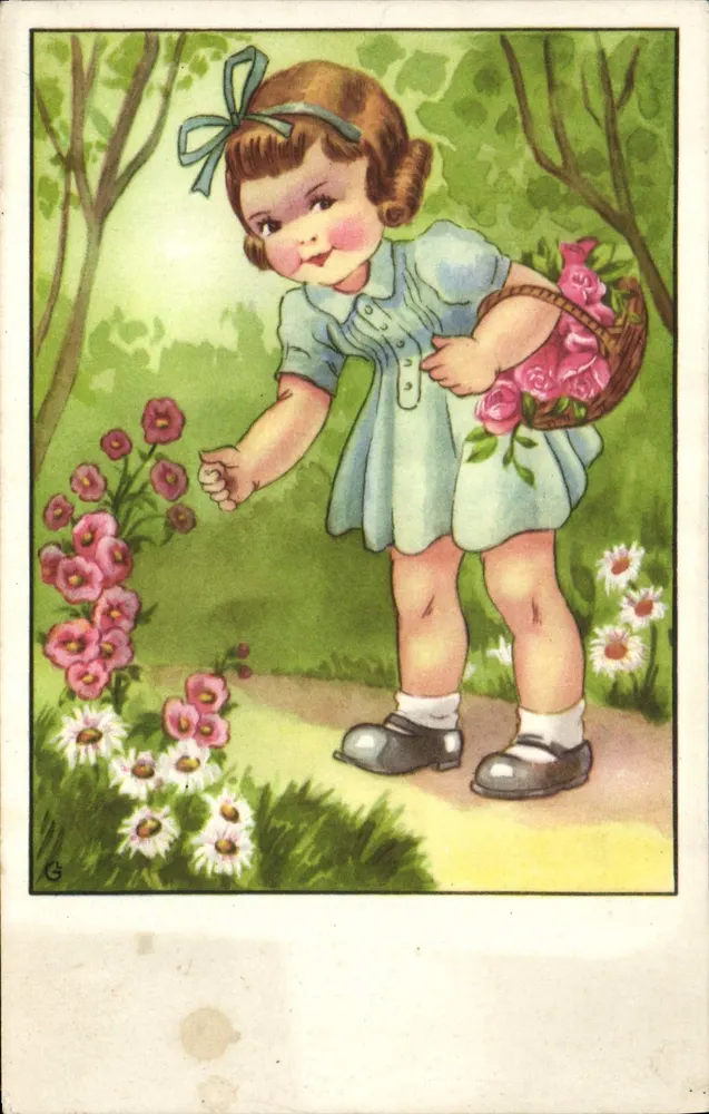 Kleine Mädchen mit Rosenkorb — Frühlingsgarten — Verleger - Vorderseite