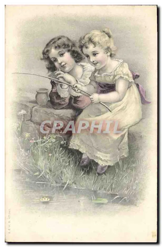 Zwei Kinder fischen — Illustration — A. & M. B. n°261 - Vorderseite