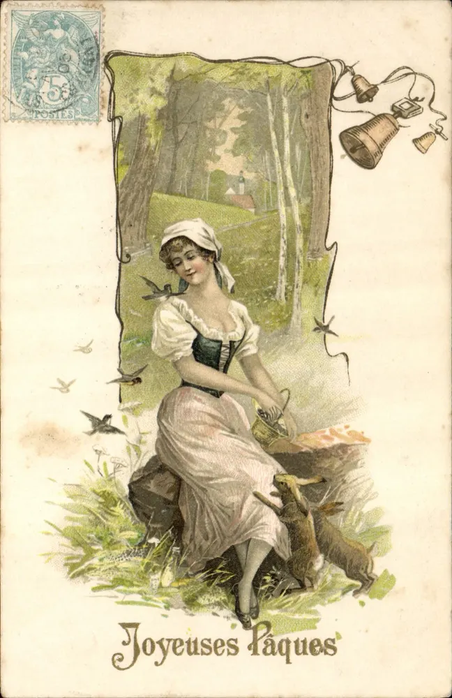 Junge Frau mit Hasen — Frohe Ostern — Verleger W, Nr. 3643 - Vorderseite