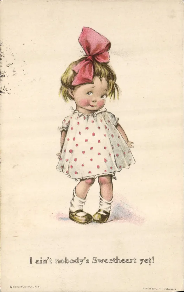 Kleine Mädchen mit großem rosa Schleifchen — 'I ain't nobody's Sweetheart yet!' — Edward Gross Co., N.Y. - Vorderseite