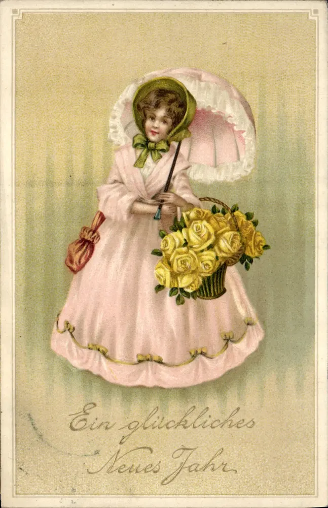 Mädchen in einem rosa Kleid mit einem Strauß gelber Rosen — 'Ein glückliches Neues Jahr' — Verlag nicht sichtbar - Vorderseite