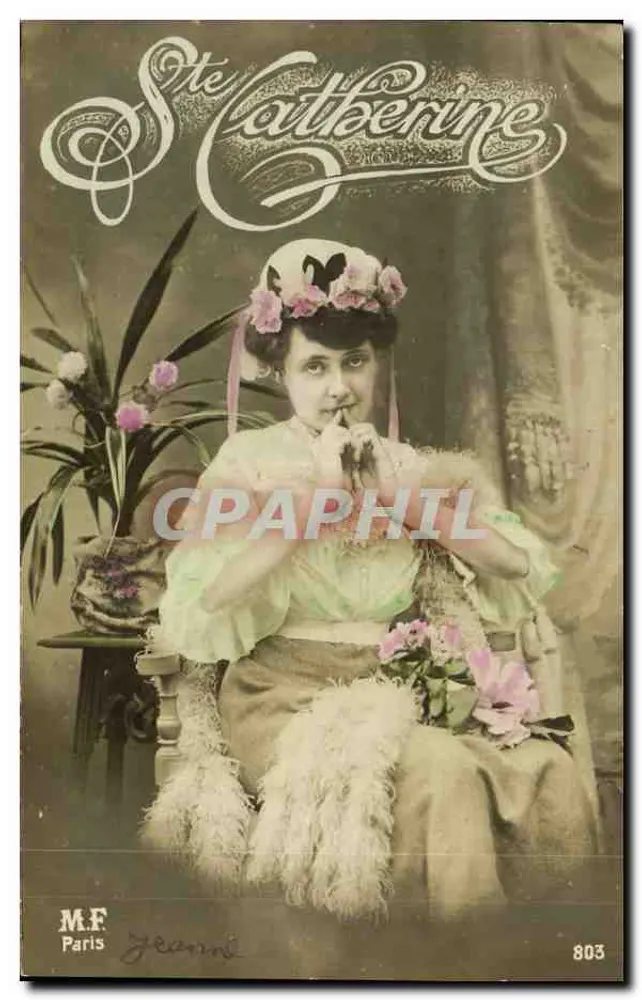 Frau in einem Rüschenkleid und Blumenkäppchen — M.F. Jeanne, Paris, Nr. 803 - Vorderseite