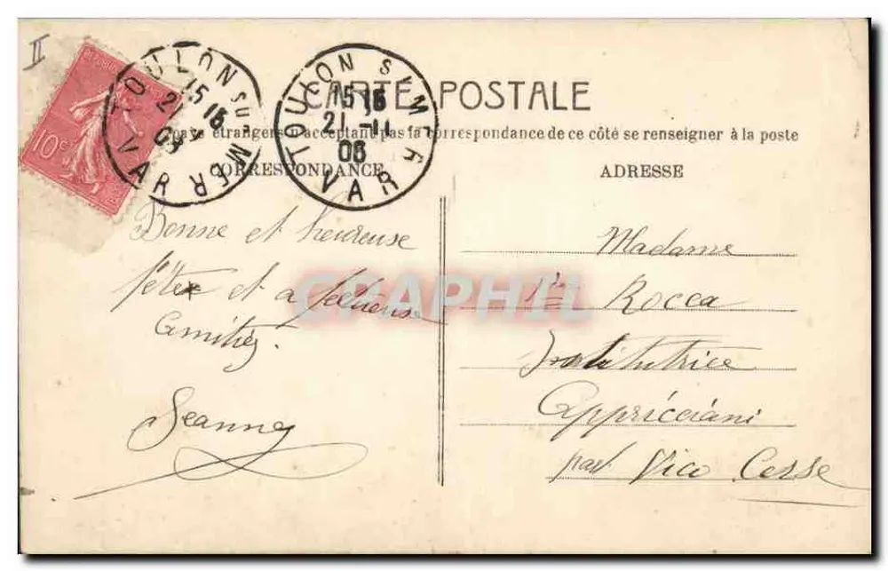 Frau in einem Rüschenkleid und Blumenkäppchen — M.F. Jeanne, Paris, Nr. 803 - Rückseite