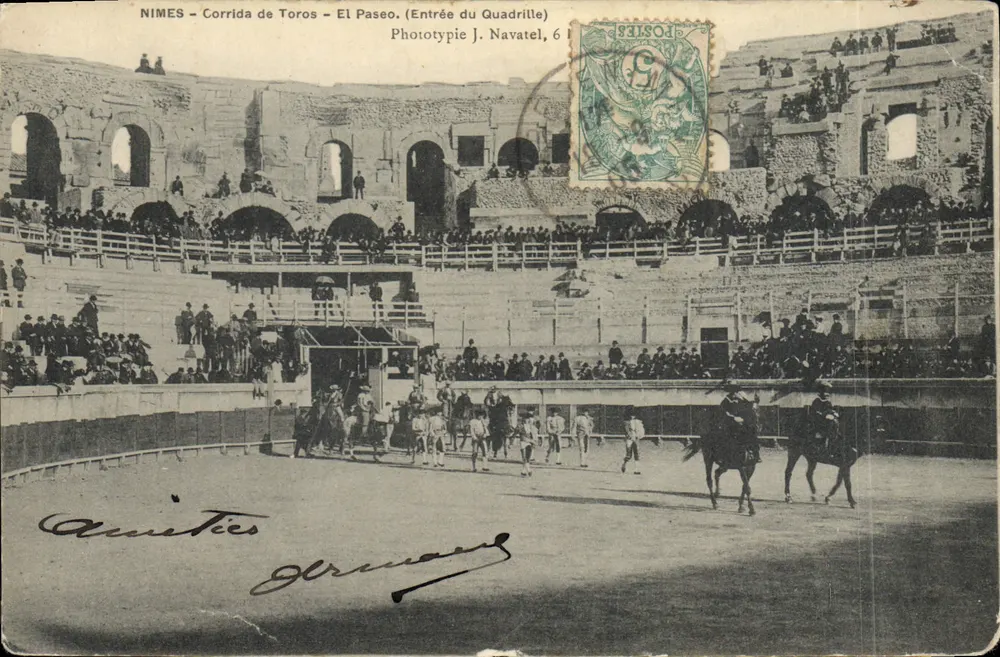 Nîmes – Corrida de Toros – Entrée du Quadrille – Phototypie J. Navatel, 6 - Vorderseite