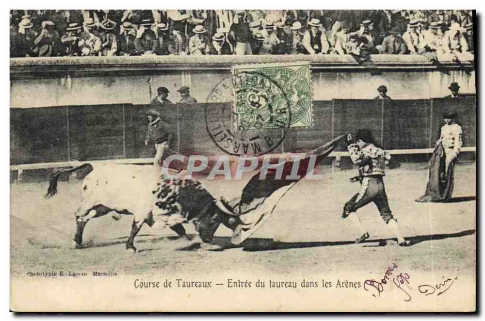 Stierkampf — Eintritt des Stiers in die Arena — Phototype E. Lagour, Marseille - Vorderseite