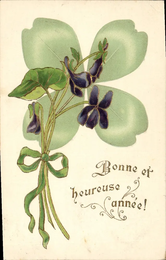 Violetas e trevo — Boa e feliz ano! — Carta postal francesa - Frente