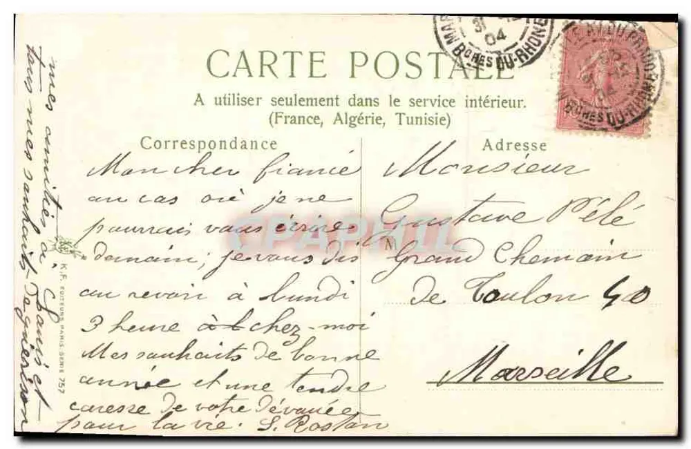 Violetas e trevo — Boa e feliz ano! — Carta postal francesa - Verso