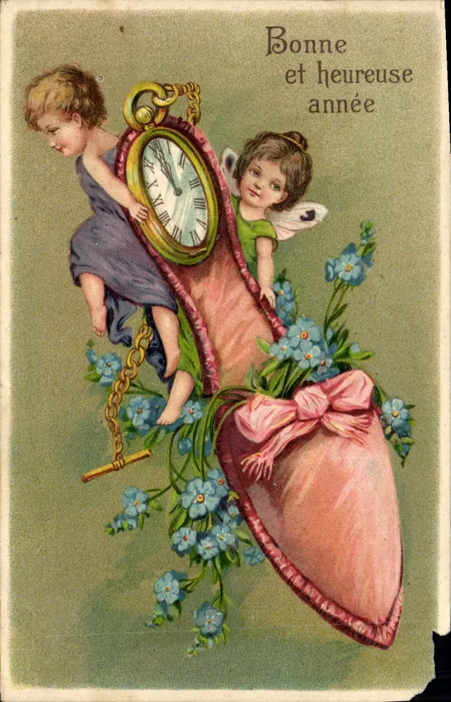 Zwei Engel mit Uhr und Herz — Frohe Neujahr — Karteikarte - Vorderseite