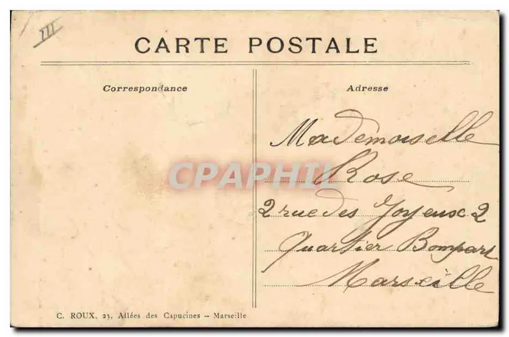 Bouquet de roses — dessin à l'aquarelle — éditeur C. ROUX, Allées des Capucines – Marseille - Verso