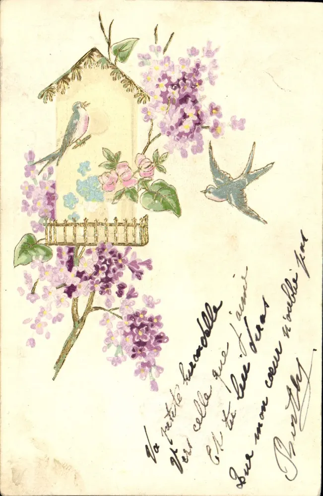 Pássaros e lírios — cartão postal ilustrado — K.F. Cureau Paris - Frente