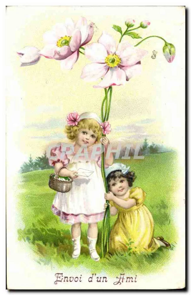 Zwei Kinder mit einem großen Blumenstrauß — Garten-Szene — Verlag 'C. L. B. & Cie' (gedruckt unten rechts auf der Vorderseite) - Vorderseite