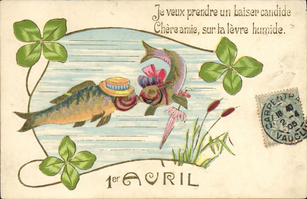 Zwei Fische in Hosen und Hut — Liebesgedicht — Carpentras, 1. April 1918 - Vorderseite
