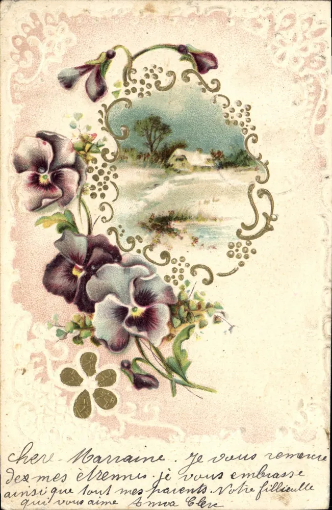 Pansies e paisagem — carta postal ornada — editor desconhecido - Frente