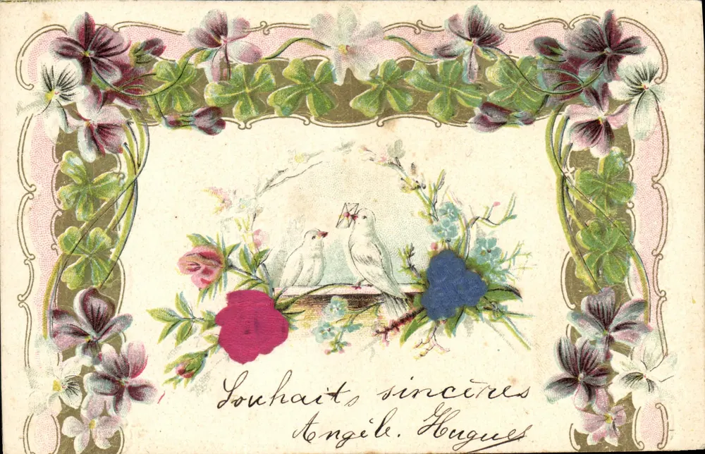 Duas pombas entre as flores — Carta postal com texto manuscrito — Editor não identificado - Frente