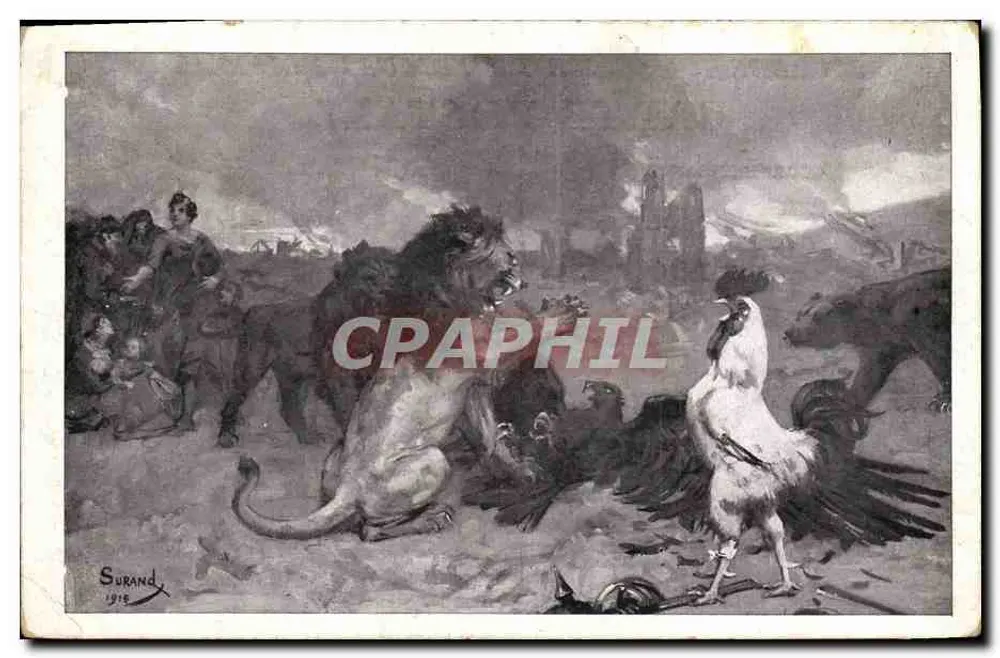 Le coq et le lion — scène de combat avec un aigle et un ours — éditeur Surand, 1916 - Frente