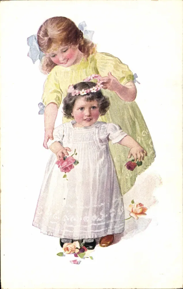 Zwei junge Mädchen — ein Kind in einem weißen Kleid mit Blumenkrone, das andere in einem gelben Kleid, das die Krone anpasst — T.S.N. Serie 1467 (6 Illustrationen) - Vorderseite
