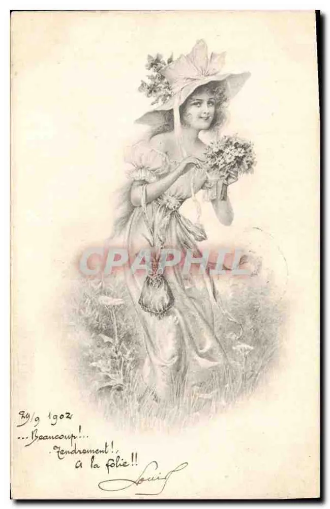 Frau in Abendkleid und Blumenhut — Illustration — Verleger nicht sichtbar - Vorderseite