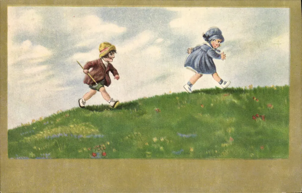 Kinder spielen auf einem Hügel — Illustration — Verlag S. Baxtler & Co. n° 7507 - Vorderseite