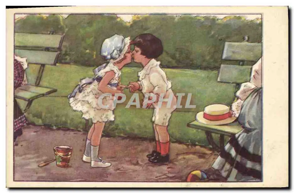 Enfants s'embrassant — scène de jardin — éditeur inconnu, n° de série 942-5 - Recto