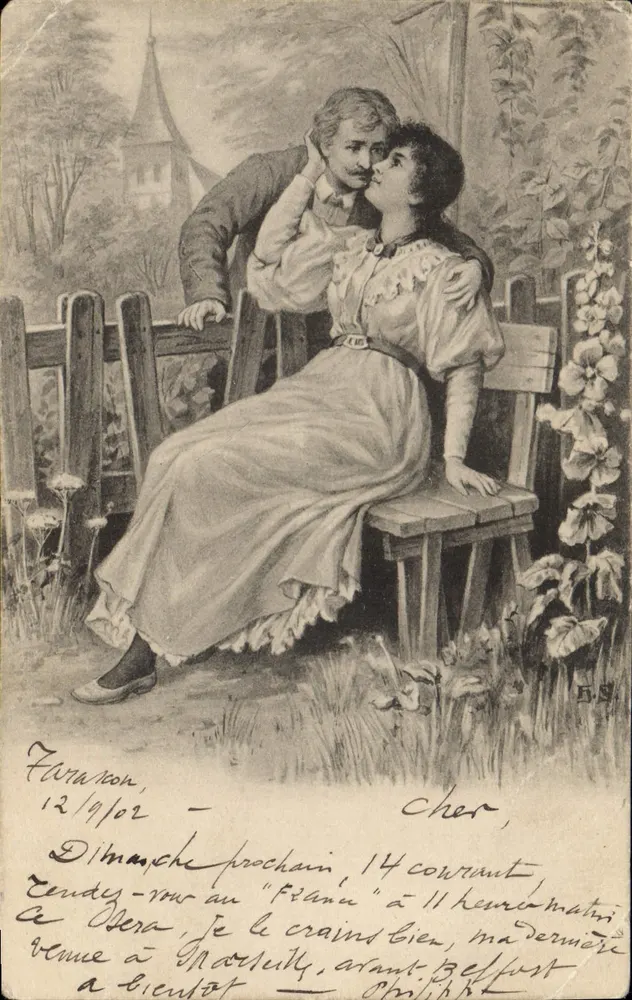 Liebe in einem Garten — romantische Szene — Verlag H. S. (Serie 91) - Vorderseite