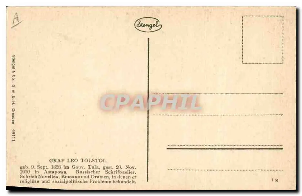 Léon Tolstoï — retrato gravado — editor Stengel & Co., n° 1911 - Verso
