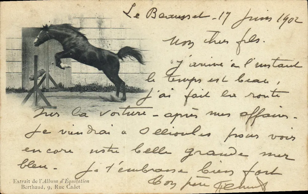 Um cavalo saltando — Extraído do Album de Equitação — Berthaud, 9, Rue Cadet - Frente