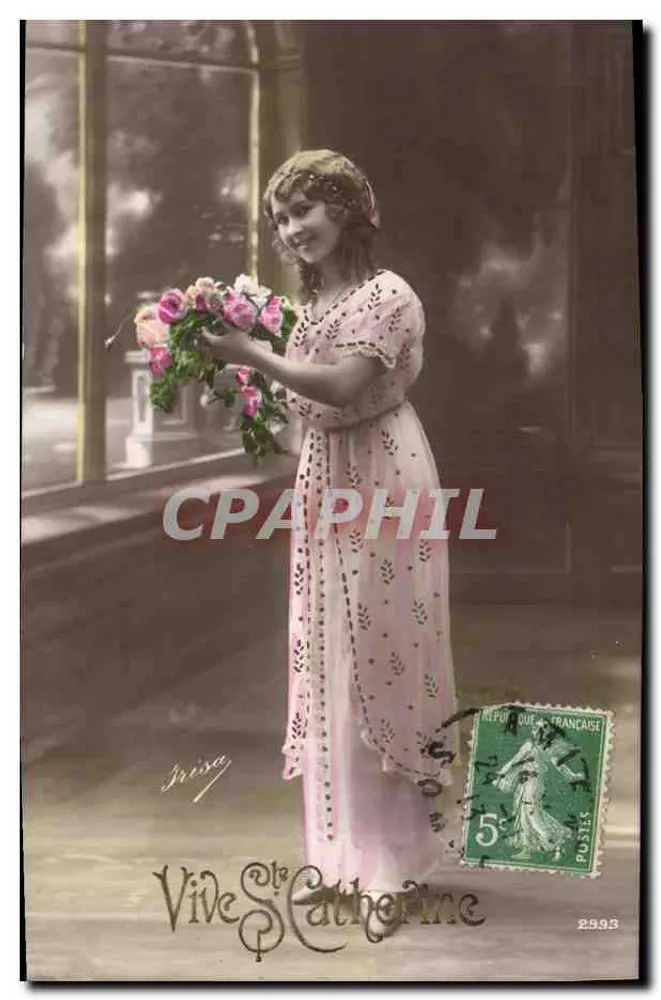 Frau in einem rosa Kleid mit Blumenstrauß — 'Vive Sainte Catherine' — Irissa, n°2993 - Vorderseite