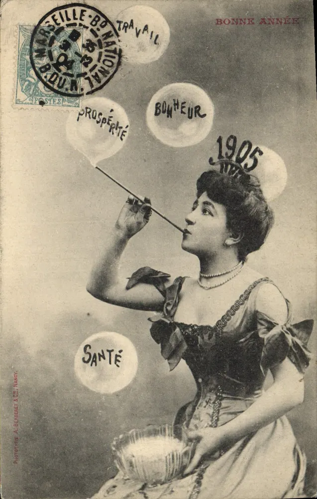 Frau, die Seifenblasen bläst — Frohe Neujahr 1905 — Fotograf A. Brugère & Cie, Nantes - Vorderseite